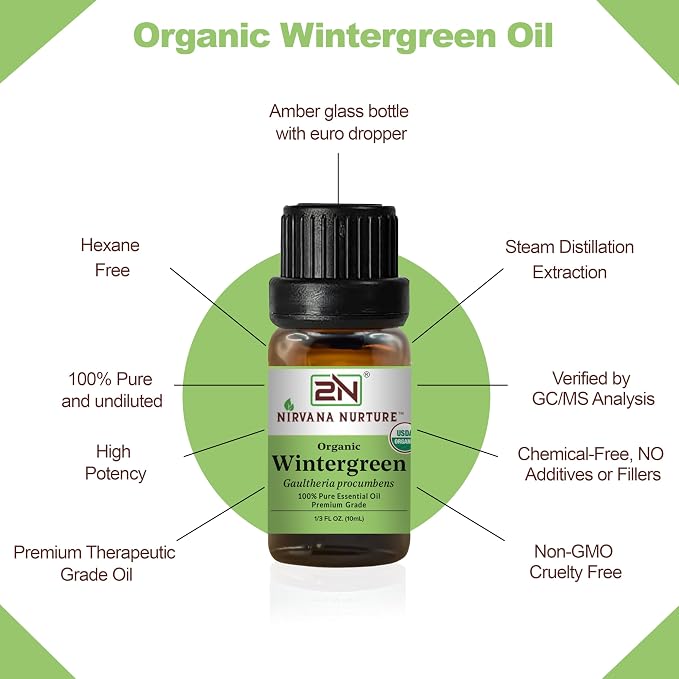 Wintergreen Essential Oil, USDA Certified Organic, 100% Pure Undiluted, Aromatherapy Oil for Diffuser, Hair & Skin Care