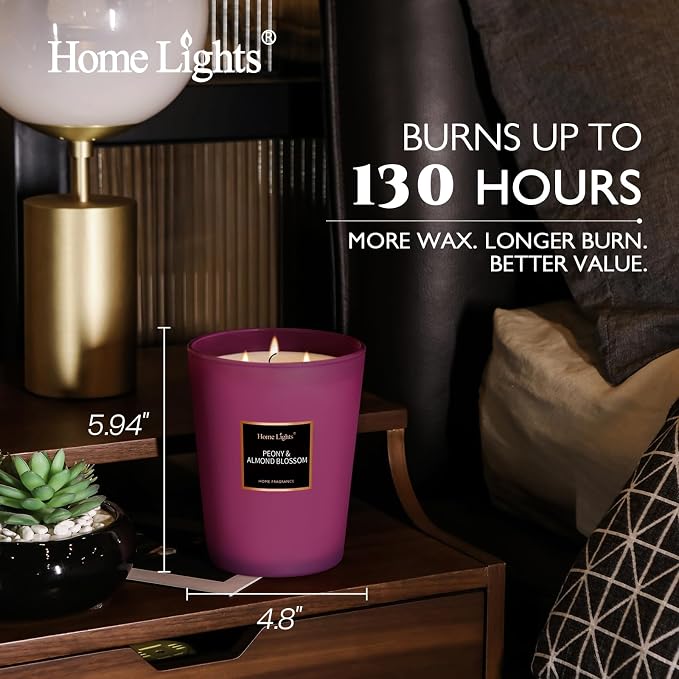 HomeLights Premium Scented Candles - 33.3 oz Natural Soy Wax, Aromatherapy for Home, Long Lasting Smokeless, 130 hrs Burn Time, 3 Cotton Wicks, Gifts for Women & Men - Peony & Almond Blossom