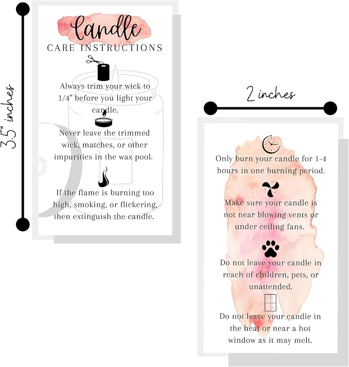 Handmade Candle Care Instruction Card | 50 Pack | for Handmade Candle Makers Soy Bees Wax Coconut Essential Oils | White and Watercolor Card
