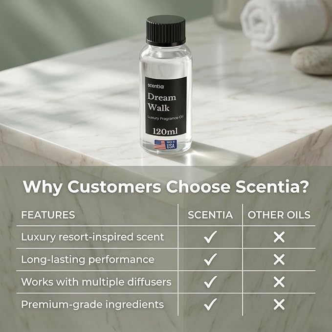 Scentia Dream Walk Diffuser Oil Refill – Hotel Fragrance Oil Inspired by 5-Star Spa Resort – 120 mL – White Tea, Cedarwood & Amber Long-Lasting Scent for Ultrasonic & Waterless Diffusers, Made in USA