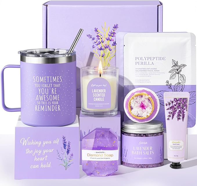 Mothers Day Gifts for Mom, 9pcs Happy Birthday Gifts for Women, Unique Birthday Relaxation Spa Gift Christmas Ideas Relaxing Lavender Set Self Care Gift Basket for Her Mom Sister Friend Teacher