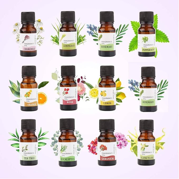 Premium 12-Bottle Aromatherapy Essential Oil Set -Therapeutic, Relaxation, Wellness, Diffuser, Massage & DIY Chamomile, Rosemary, Peppermint, Rose, Tea Tree, Eucalyptus, Geranium, Ylang Ylang