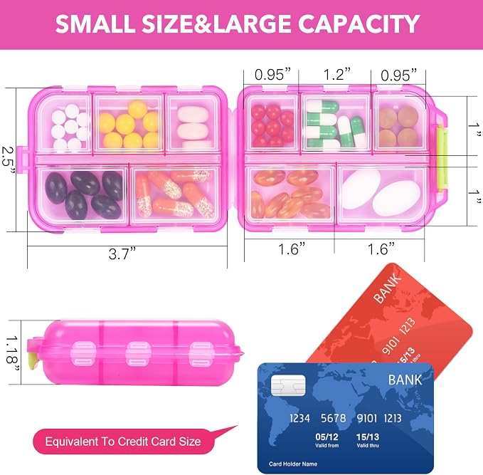 Travel Pill Box with 189 Medicine Labels, 10 Compartments Travel Medicine Organizer Medicine Pill Organizer Mini Travel Essentials Pill Organizer with Stickers (Pink, 1 Pack)