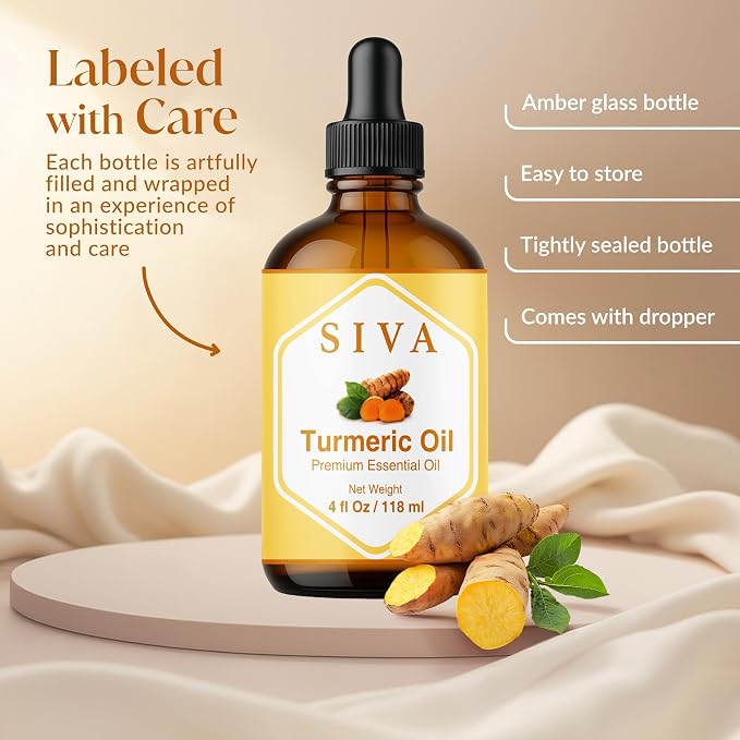 Siva Turmeric Essential Oil 4 Fl Oz – for Diffuser, Skin & Hair Care – Ideal for Aromatherapy, Massage & DIY Blends- with Dropper