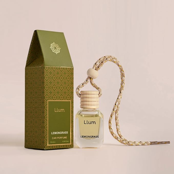 Llum Lemongrass Hanging Car Air Freshener – Luxury Automotive Perfume Diffuser 10ml (0.34 fl oz), Long-Lasting Fragrance, Alcohol-Free Non-Toxic Car Scent, Glass Bottle With Wood Cap
