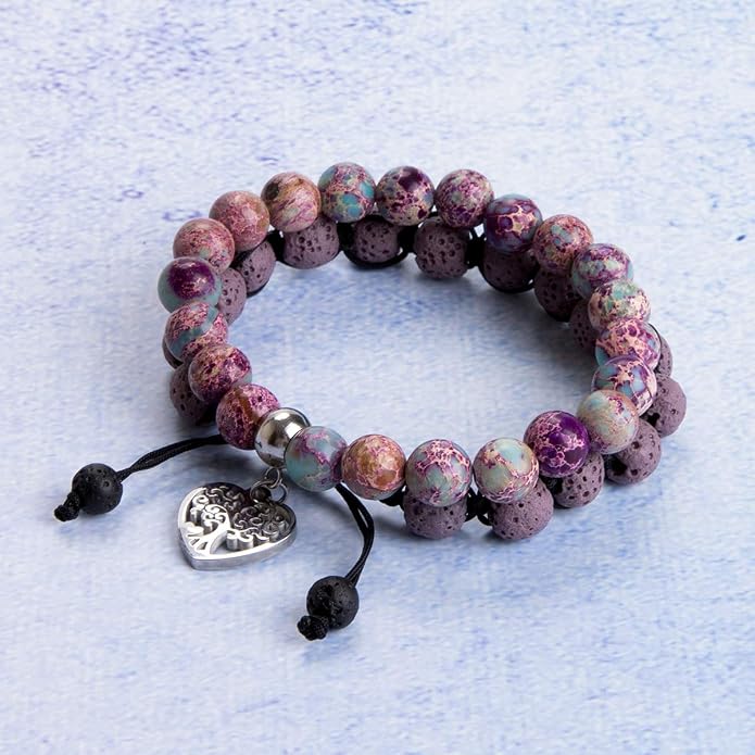 Bivei Life Tree Bracelet - Lava Stone Essential Oil Gemstone Beaded Yoga Meditation Regalite Stone Beach Charm Bracelet Set