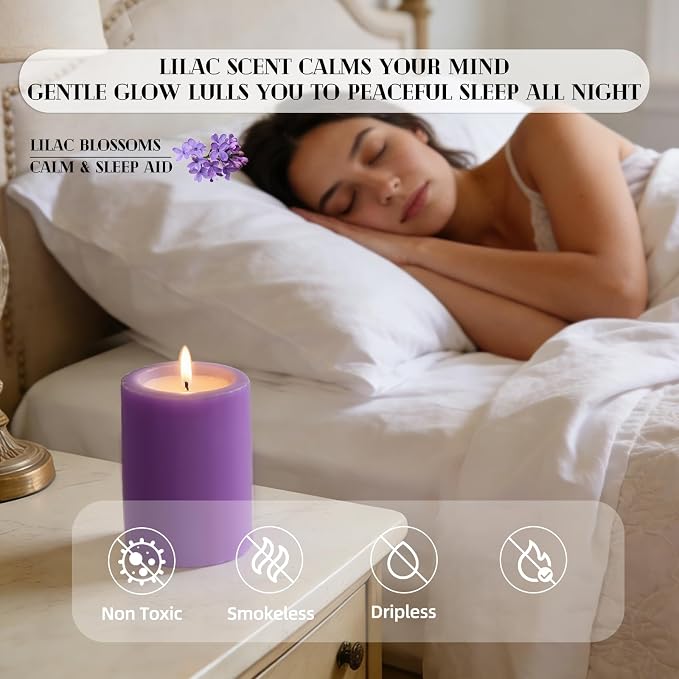 4 Pack Lilac Scented Soy Pillar Candle 2.8x4In,240H Long Burn,Natural Spring Floral Aromatherapy Hand-Poured Candles for Stress Relief,Relaxation & Home Decor,Mother’s Day Gifts,Smokeless & Non-Toxic