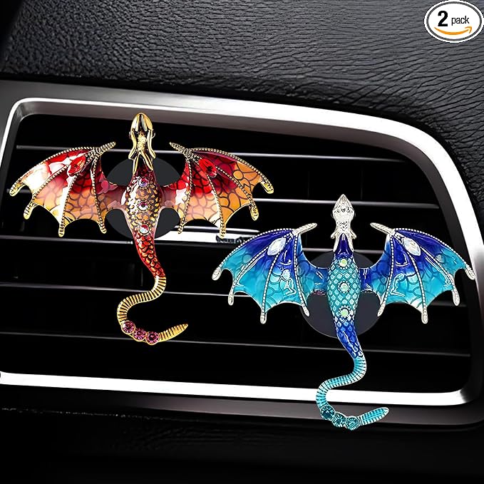 2 Pcs Bling Dragon Car Air Freshener Vent Clips, Crystal Rhinestone and Enamel Dragon Air Vent Clips Car Diffuser Cute Car Interior Decoration Accessories for Women Gift (Blue Red)