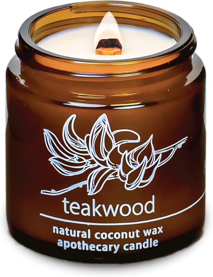 Hemlock Park Teakwood Apothecary Scented Candle | Crackling Wood Wick, Botanical Fragrance & Coconut Apricot Wax | Up to 25 Hour Burn Time | 4 oz | Made in USA