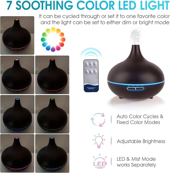 Rechargeable Diffuser for Essential Oils,Battery Operated Humidifier | Remote control,450ml,7 colors Light&3 Mist Modes(Strong 1.5h,Weak 2.5h,Intermittent 6h),1h/3h/6h Timer control,Auto Shut Off