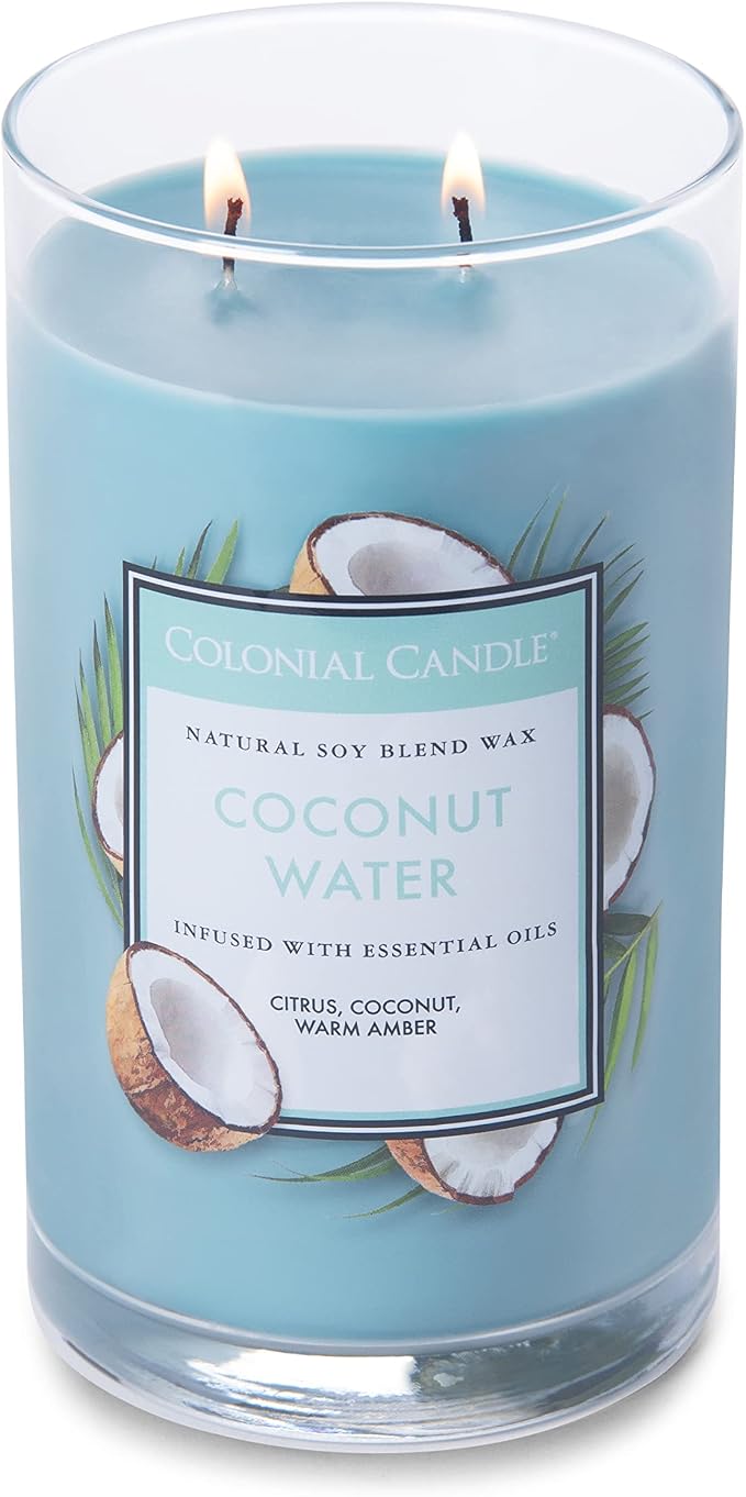 Colonial Candle Coconut Water Scented Jar Candle, Classic Cylinders Collection, 2 Wick, Blue, 19 oz - Up to 120 Hours Burn