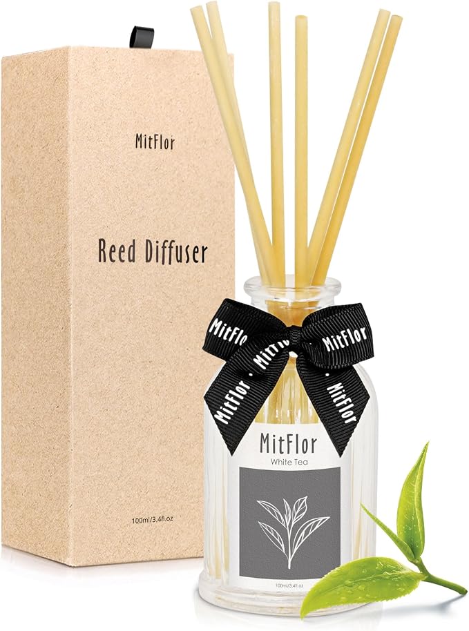 Hotel Fragrance Reed Diffuser, MitFlor White Tea Diffuser for Home Office, Inspired by Shangri-La Hotel, Essential Diffuser Oil Set with Natural Rattan Sticks, 100ml / 3.4 fl oz