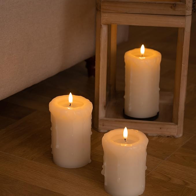 ANGELLOONG Flameless Candles with Remote, 3 Pack Battery Operated LED Candles, Flickering Fake Drip Pillar Candle Set for Home Decor, Mantel, Christmas Decor