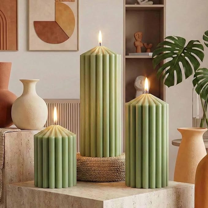 Citronella Candles for Patio, Set of 3 Ribbed Sage Green Pillar Candles for Summer Outdoor,Soy Wax Modern Boho Home Decor Pillars,Aesthetic Candle Gift Set for Garden and Indoor Use