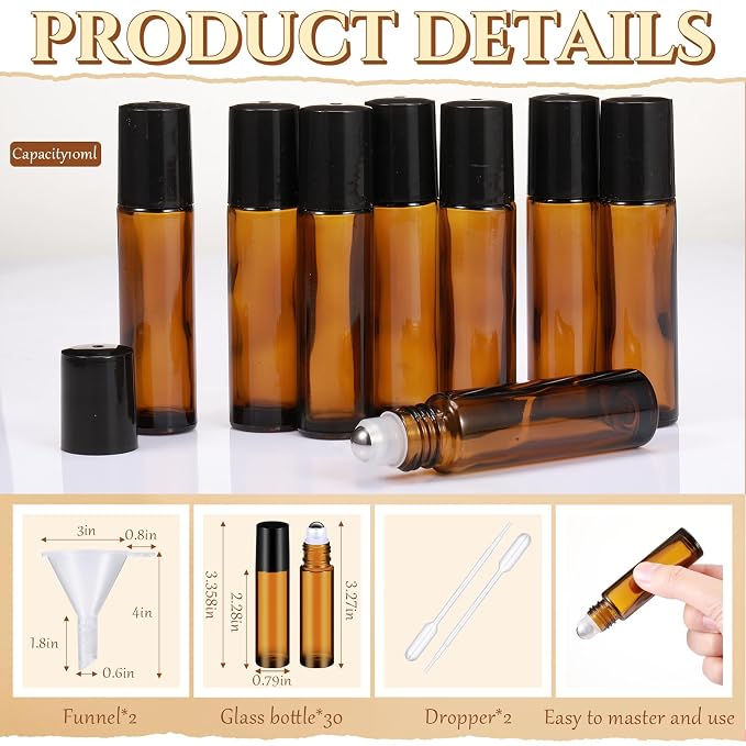 Domensi 30 Pcs Essential Oil Bottles, 10 ml Glass Bottle with Stainless Steel Roller Ball and Cap for Travel, Perfume, Lip Balm, 2 Funnels, 0.5 ml Dropper(Amber)