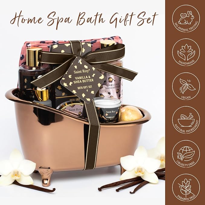 Warm Vanilla scented Gifts for Women, Spa Bath & Body Gift Basket, Skin Care Kit, Home Spa Gift Set, Self-Care Kit, Travel Multi-use toiletry bag, Birthday, Christmas, Mother Day, Anniversary Gifts
