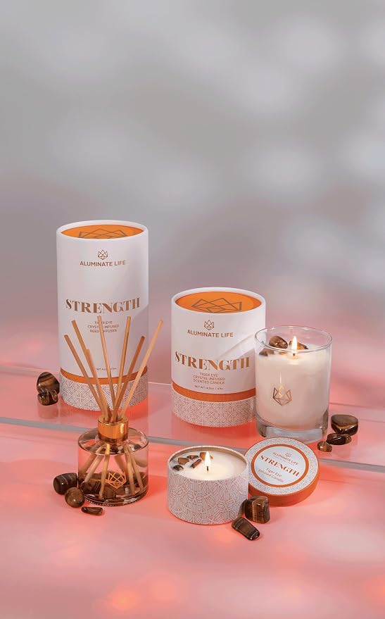 Luxury Candle Tin, 6 OZ, Strength - Tiger Eye Crystal Infused - Scents of Cedarwood, Amber, & Sage - Power, Courage, & Expansion - Coconut Wax, Essential Oils, Dr. Developed
