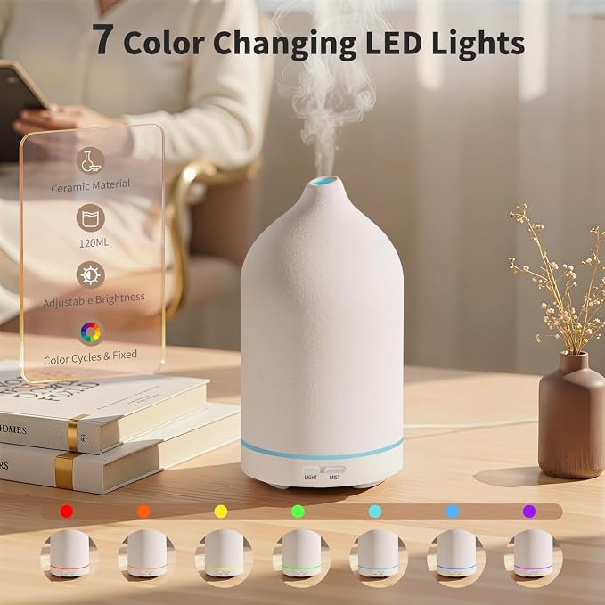 URPOWER 120ML Essential Oil Diffuser Ceramic Aromatherapy Diffuser with 7-Color LED Lights, Auto Shut-Off, 2 Mist Modes, Humidifier for Home Office Decor, Scent Diffuser for Yoga Spa