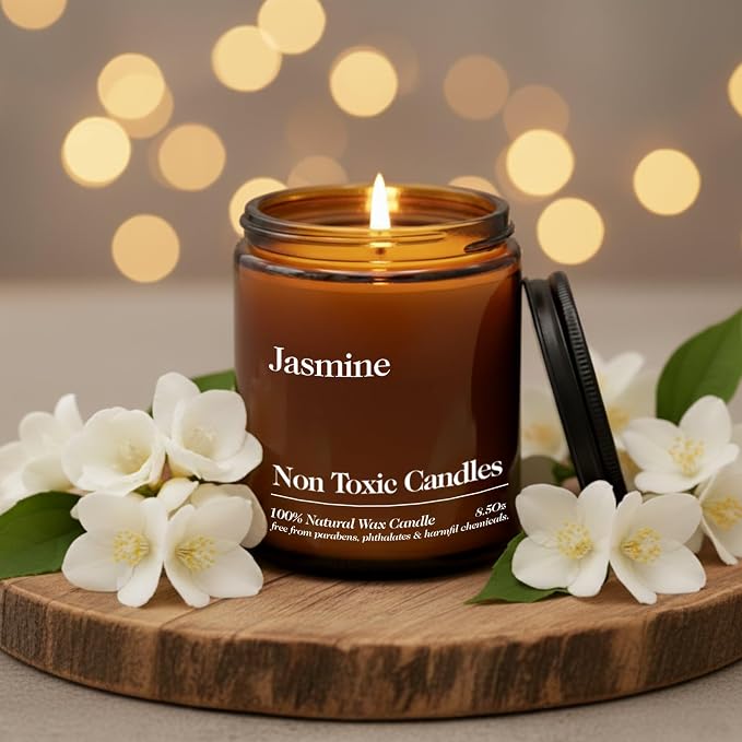 Hand Poured Non Toxic Candles - Jasmine Fall Candles with Premium Natural Wax - Aromatherapy Scented Candles with Sandalwood, Lemon & Ylang Notes - 8.5 Oz, 45 Hrs Burn Time