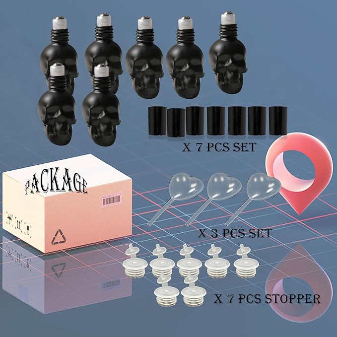 7 pcs Set 10ml Mini Skull Glass Oil Roller Bottles Leakproof Essential Oils Bottle for Storage and Travel (black)