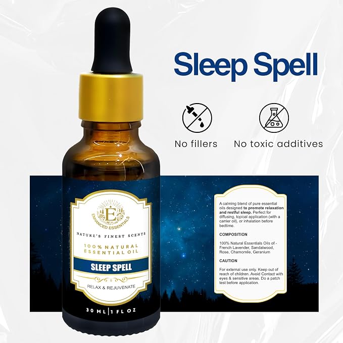 Sleep Spell Essential Oil Blend by Enhanced Essentials|Slow-Distilled French Lavender, Sandalwood, Rose|Promotes Deep Sleep & Calm|for Diffuser, Pillow & Bath|1 fl oz (30 ml) (Sleep Spell)