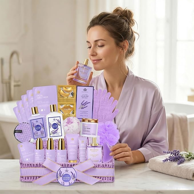 Gifts for Women, Gifts Basket for Women, 32 Pcs Lavender Bath and Body Gift Basket Set, Hydrating Facial Skin Care Gifts Set, Home Spa Self-Care Basket Set, Birthday Gift for Her, Anniversary, Wife
