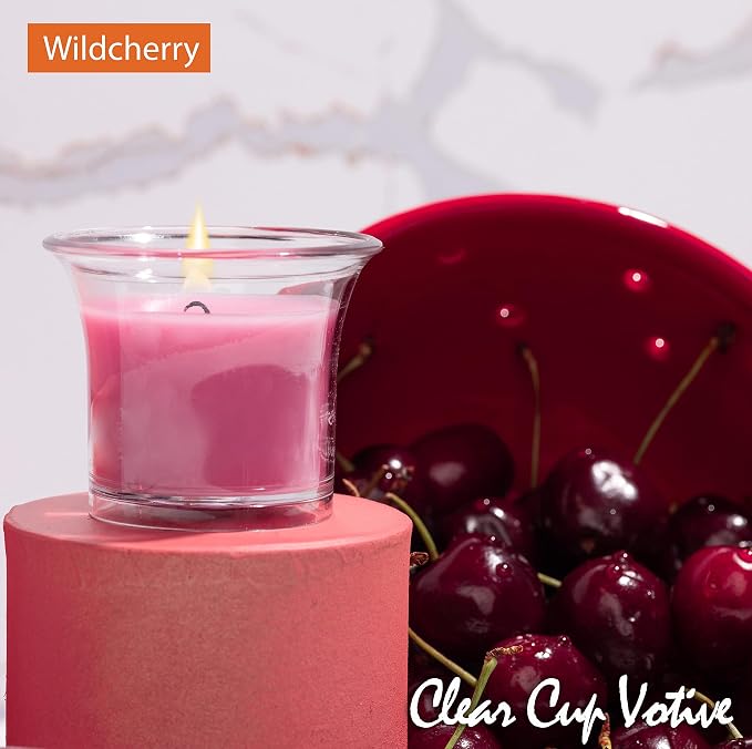 HYOOLA Clear Cup Scented Votive Candles - Wild Cherry - 12 Hour Burn Time - 4 Pack - European Made