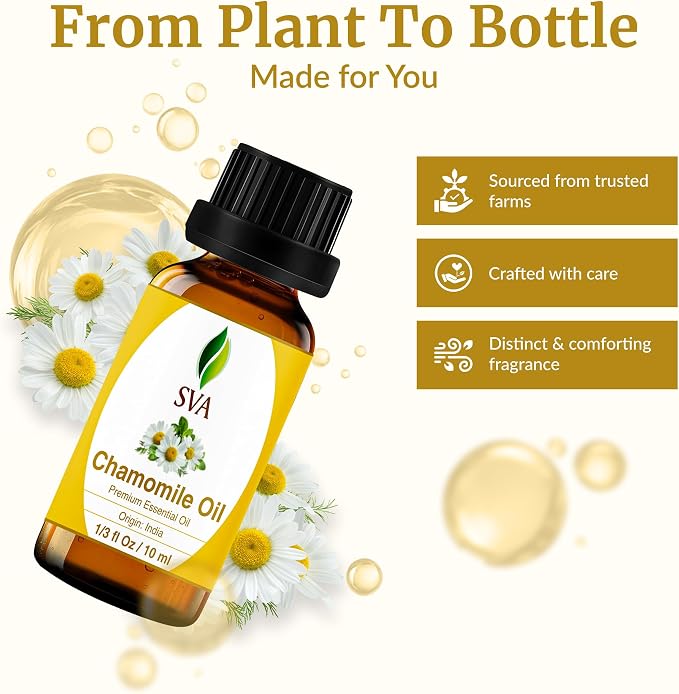 SVA Chamomile Essential Oil – 1/3 Fl Oz – 100% Natural Chamomile Oil - for Diffuser, Hair Care, Face, Skin Care, Aromatherapy, Scalp and Body Massage, Soap and Candle Making