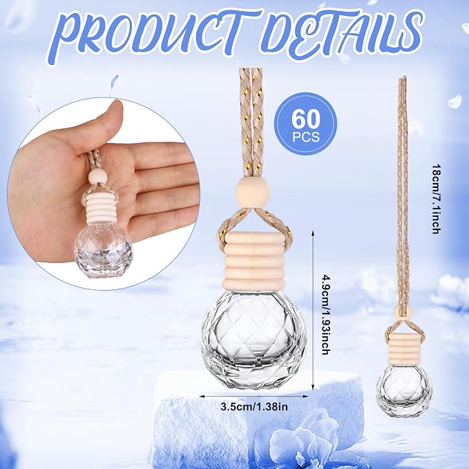 60 Pcs Hanging Car Air Freshener Car Diffuser Bottle Empty Glass Perfume Bottles Air Freshener Diffuser Bottle Pendant for Essential Oils Fragrance Aromatherapy Ornament Decor (Round Diamond)