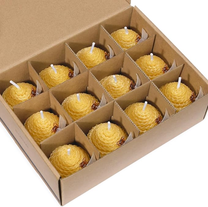 DEYBBY Natural Beeswax Candles Bulk Set of 12, Small Bees Wax Votive Candles with Little Bee Decorations as Housewarming Birthday Event Gift Party Favor (Yellow)
