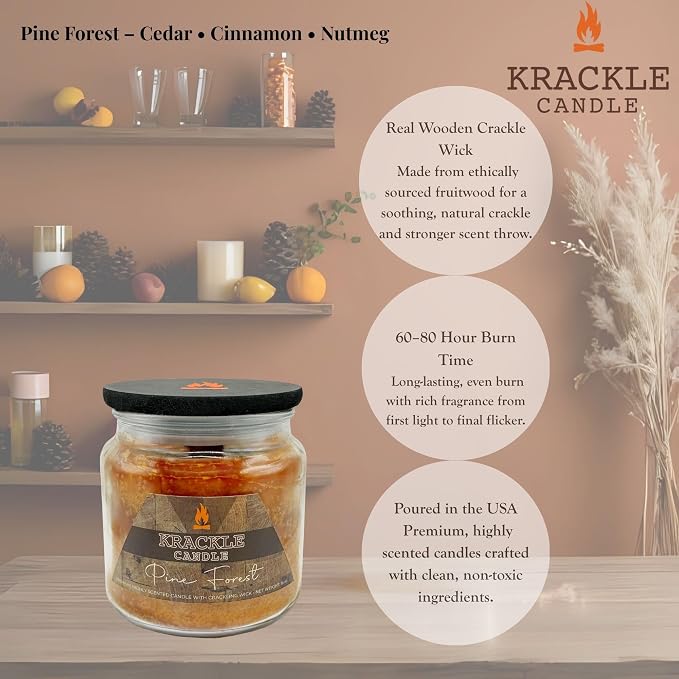 Krackle Candle | Pine Forest | 16 oz Scented Candle with Natural Crackling Wooden Wick | Poured in the USA | Cedar, Cinnamon & Nutmeg Fragrance
