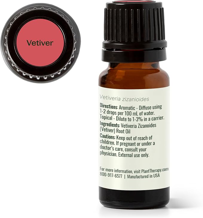 Plant Therapy Vetiver Essential Oil, 10 mL (1/3 oz), 100% Pure and Undiluted, Great for Essential Oil Diffusers and DIY Skincare