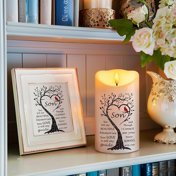 Flameless Memorial Candle for Loss of Son, Real Wax LED Light with Remote Sympathy Bereavement Gifts for Loss of Loved One Memorial Gifts for Loss of Son Remembrance Gifts (4" x 7")
