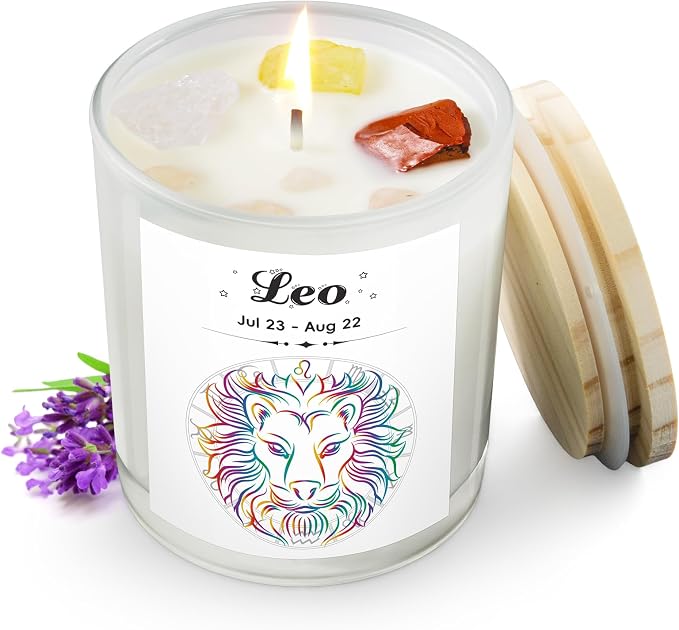 Leo Gifts for Women, Zodiac Leo Candle with Healing Crystals, Astrology Birthday Gifts for Womenr, Mom, Sister, Friends, Meditation, Yoga, Relaxation (7oz)