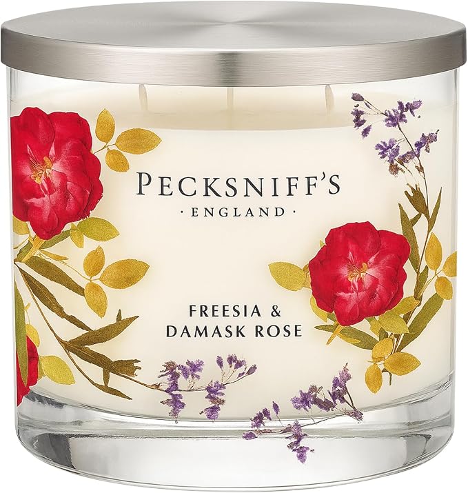 Pecksniff’s 3 Wick Candle – Freesia & Damask Rose, 550 g / 19.4 oz – Long Lasting Burn, Elegant Home Decor & Relaxing Ambiance