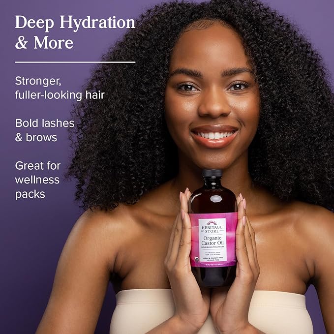 HERITAGE STORE Organic Castor Oil - 32oz Glass Bottle - Nourishing Treatment for Hair and Skin Care - Eyelash Serum for Eyelashes and Brows - Cold Pressed, Hexane Free, Vegan - 32oz