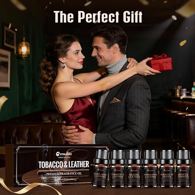 Men Essential Oils Set, Premium Fragrance Oils for Diffusers for Home - | Leather, Sandalwood, Cologne, Smoke Tobacco Scents, Candles & Aromatherapy Gifts for Him