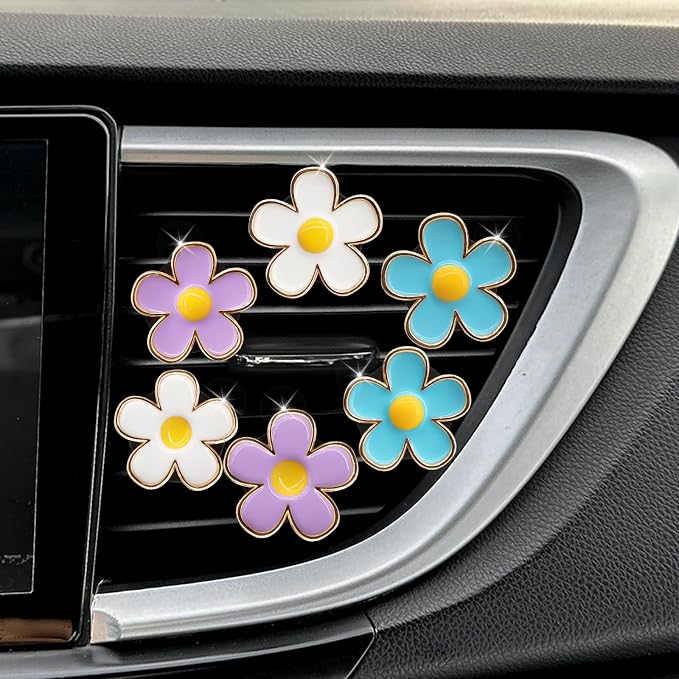 ORIESSE 6pcs Flowers Car Decor,Cute Car Air Freshener Vent Clips,Blue White Purple Daisy Flowers Air Vent Clip Accessories for Women,3cm/2.7cm Refillable Daisy Decor Diffuser
