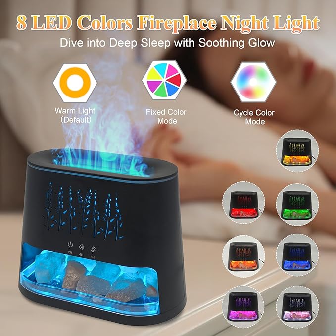 Fireplace Flame Diffuser & Himalayan Salt Lamp, 8 Colors Aromatherapy Diffuser Cool Mist Humidifier with Timer Auto Off Function for Home, Bedroom, Offie,Yoga