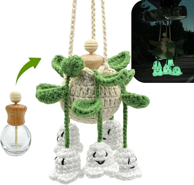 Crochet Glowing Ghost Car Air Freshener, Halloween Car Decor, 15ml Refillable Oil Diffuser Bottle with Hanging Crochet Decor for Car Rearview Mirror, Handmade Halloween Gifts