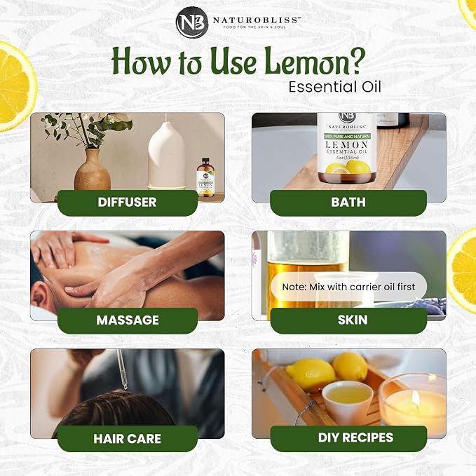 NaturoBliss 100% Pure Lemon Essential Oil Therapeutic Grade Premium Quality (4 fl. oz) with Glass Dropper, Perfect for Aromatherapy