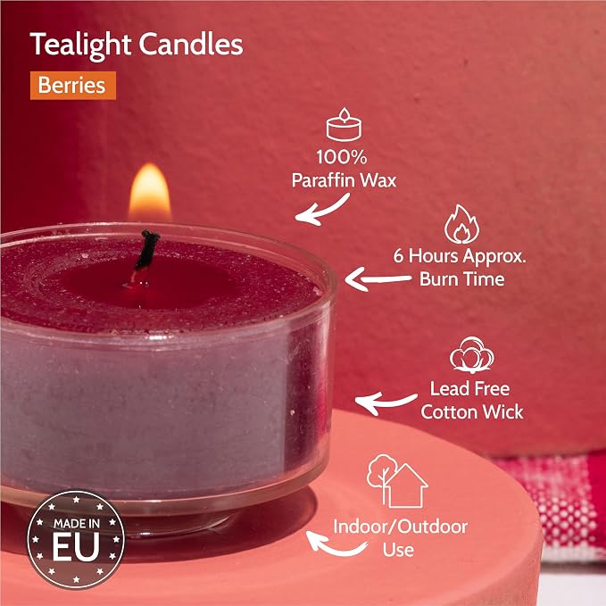 HYOOLA Scented Tealight Candles - Clear Cup - Berries Tealight Candles Scented - 6 Hour Burn Time - 15 Pack - European Made