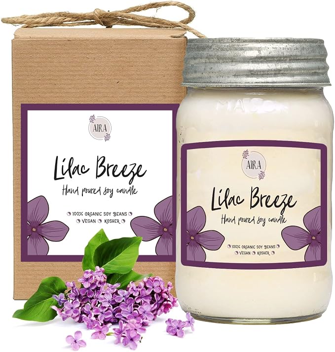 Aira Soy Candles - Organic, Kosher, Vegan, in Mason Jar w/Therapeutic Grade Essential Oils - Hand-Poured 100% Soy Candle Wax - Paraffin Free Burns 110+ Hours - Spring Candle Lilac Breeze - 16 Ounces