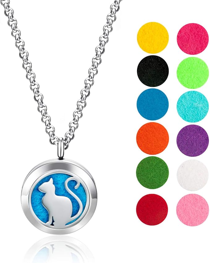 Wild Essentials Pretty Kitty Cat Essential Oil Diffuser Necklace, Stainless Steel Locket Pendant with 24 inch Chain, 12 Color Refill Pads, Customizable Color Changing Perfume Jewelry for Aromatherapy