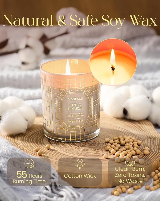 M&SENSE Fresh Linen Soy Candle, Clean Laundry Air Purifying Gift 55H Burn | Cotton Sun-Dried Slow Burn, Clean Soy Wax Long Lasting, Spring Summer Fresh Home Comfort, Pet Odor Exterminator, Reusable Jar