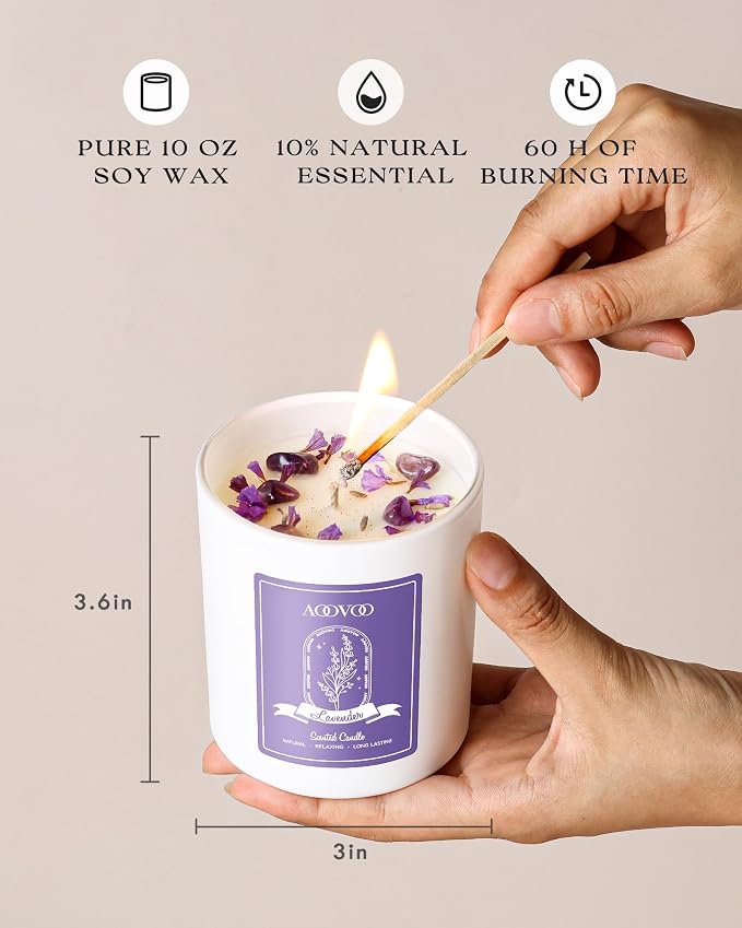 AOOVOO Lavender Scented Candle Set 2 Pack - Aromatherapy Candle with Crystals Inside, 20oz Soy Candles for Home Scented, Birthday Gifts Mothers Day Candle for Women Mom