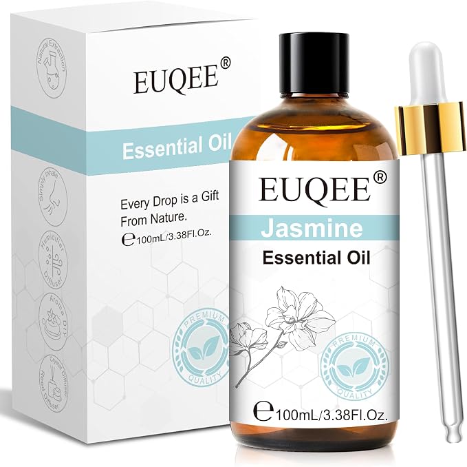 EUQEE 100ml Jasmine Essential Oil, Pure Jasmine Essential Oil for Diffuser, Massage, DIY Soap,Candle Making, Skin & Hair Care - 3.38 Fl Oz