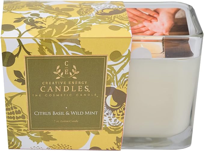 Lotion Candle - Citrus Basil & Wild Mint Scented Massage Candles for Self Care, 10 Oz. Soy Wax Candle with Essential Oil Blends, Coconut Oil, and Vitamin E, 55 Hour Burn Time