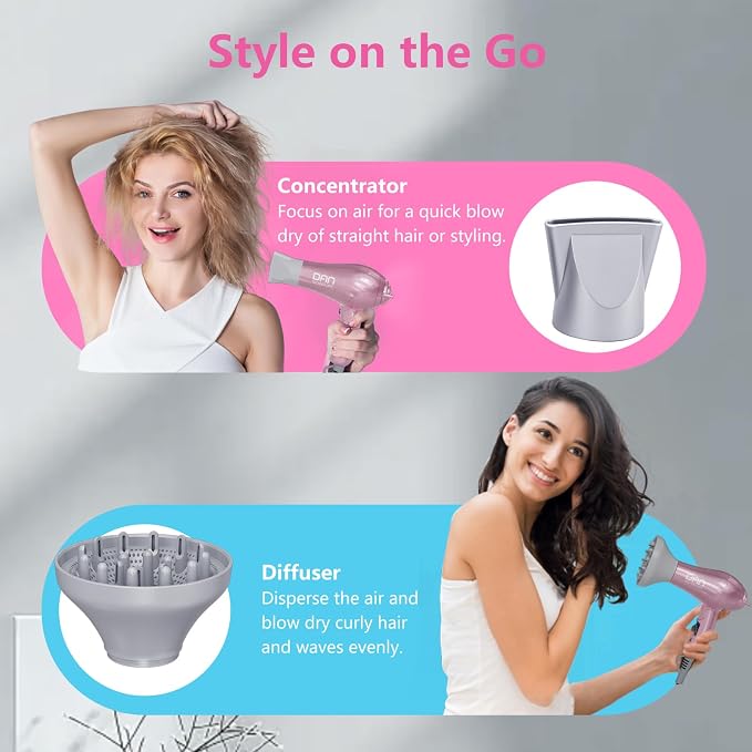 DAN Auto Dual Voltage Hair Dryer,Hair Blow Dryer,Compact Folding Blower,Small hairdryer with Diffuser & Concentrator,Portable Dryer with Multi-Function Plug Adapter,Travel hairdryers for Women