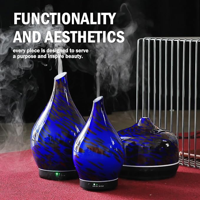 Porseme 150ml Essential Oil Diffuser Hand-Blown Glass Aroma Diffusor, Aromatherapy Unltrasonic Cool Mist deffuser, 7 Color Changing, Waterless Shut-Off, Timer Function for Home Office(Cobalt Blue)